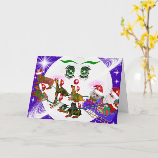 Ms. Christmas Moon, Santa & Weenie Dogs Card Kaart (Gele Bloem)