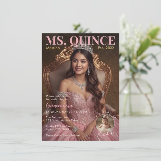 Ms. Quince Elegant Roze Vijftiende Viering Kaart (Staand voorkant)