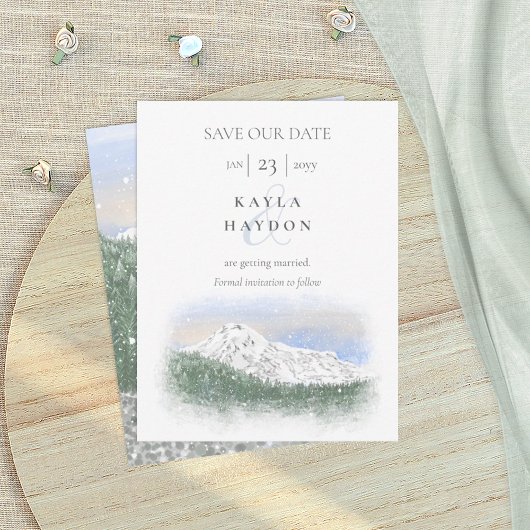 Mt Rainier, Falling Snow Wedding Save the Date Kaart