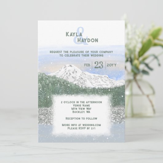 Mt. Rainier, Falling Snow Winter Wedding Kaart (Staand voorkant)