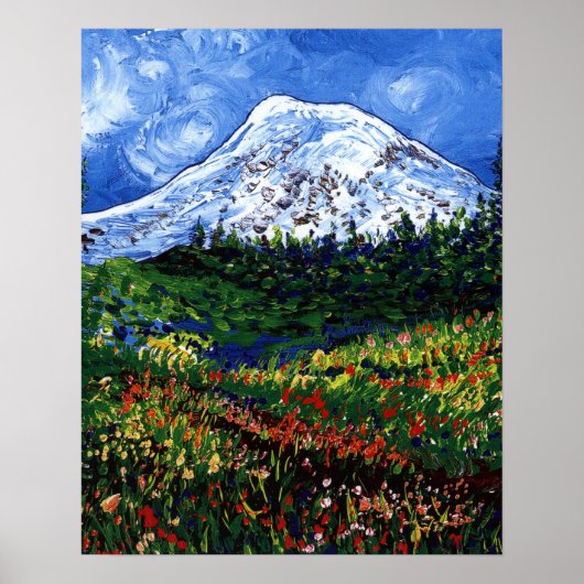 Mt Rainier met bloemen Poster (Voorkant)