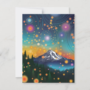 Mt. Rainier w Evening Sterrenhemel en vuurvliegjes Briefkaart