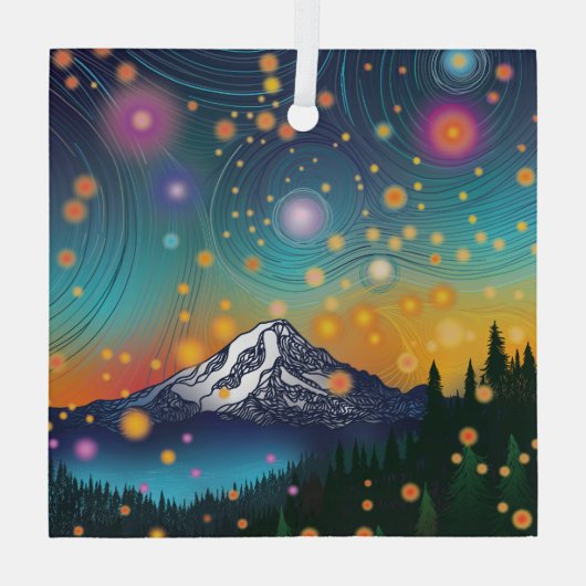 Mt. Rainier w Evening Sterrenhemel en vuurvliegjes Glas Ornament (Achterkant)