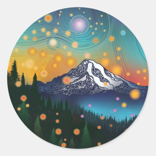 Mt. Rainier w Evening Sterrenhemel en vuurvliegjes Ronde Sticker (Voorkant)