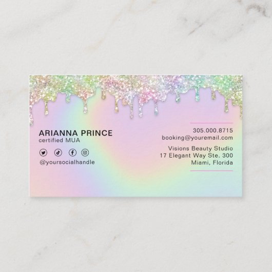 MUA Makeup Artist Holographic Rainbow Glitter Drip Visitekaartje (Achterkant)