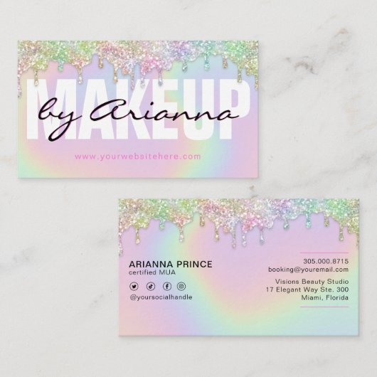 MUA Makeup Artist Holographic Rainbow Glitter Drip Visitekaartje (Voorkant / Achterkant)