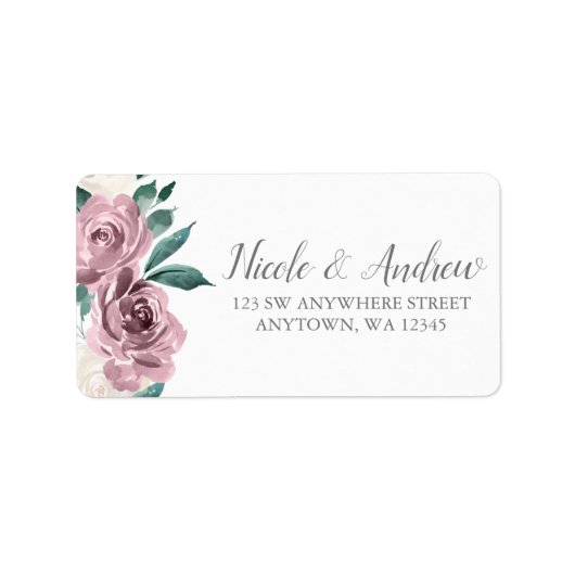 Muave Waterverf Rozen Bloemen Adres Etiket (Voorkant)