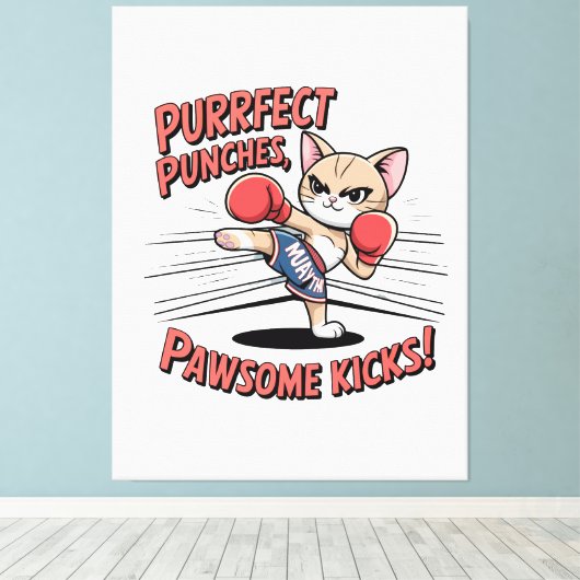 Muay Thai Boksen Schattigee Anime Cat T-shirt Canvas Afdruk (Insitu (Houten vloer))
