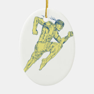 Muay Thai Fighter Kicking Side Drawing Keramisch Ornament