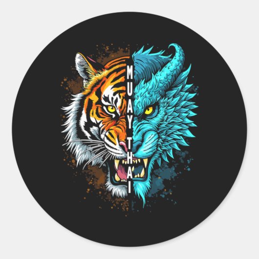 Muay Thai Tiger Dragon Fusion Art Ronde Sticker (Voorkant)