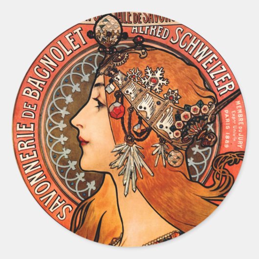 Mucha Art Nouveau Bagnolet Lady Ronde Sticker (Voorkant)