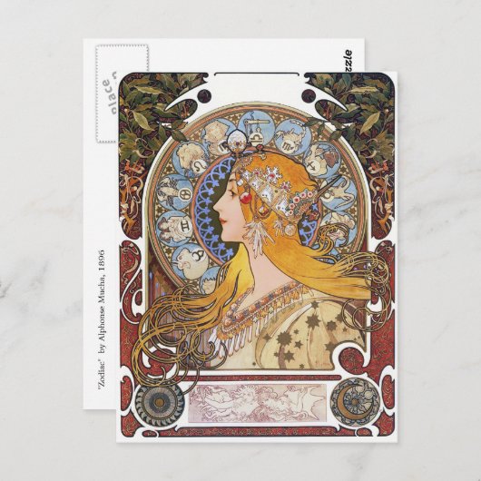 Mucha Art Nouveau Briefkaart - Zodiac - La Plume (Voorkant / Achterkant)