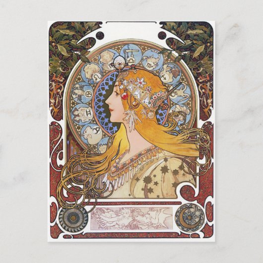 Mucha Art Nouveau Briefkaart - Zodiac - La Plume (Voorkant)