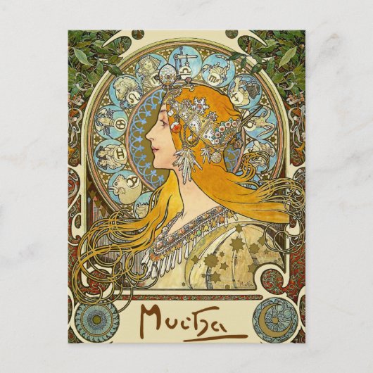Mucha Art Nouveau Briefkaart - Zodiac - La Plume (Voorkant)