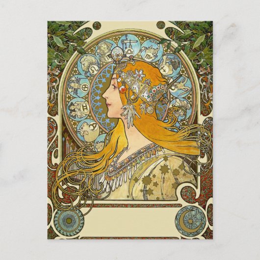 Mucha Art Nouveau Briefkaart - Zodiac - La Plume (Voorkant)