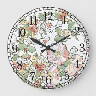 Mucha Art Nouveau Hollyhock Flowers Wall Clock Grote Klok