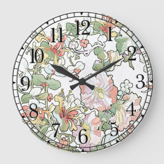 Mucha Art Nouveau Hollyhock Flowers Wall Clock Grote Klok (Voorkant)