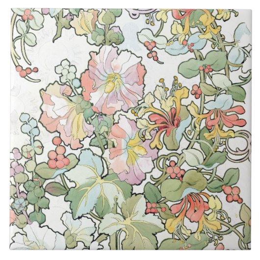 Mucha Art Nouveau Hollyhocks Floral Tile Tegeltje (Voorkant)