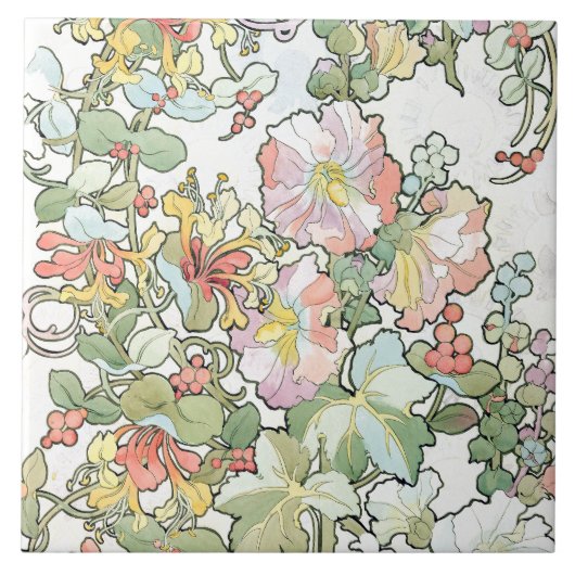 Mucha Art Nouveau Hollyhocks Floral Tile Tegeltje (Voorkant)