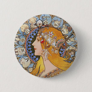 Mucha Art Nouveau Poster - Zodiac - La Plume Ronde Button 5,7 Cm