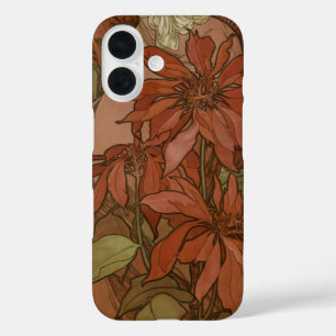 Mucha Art Nouveau Rode Poinsettia Bloempatroon iPhone 16 Hoesje