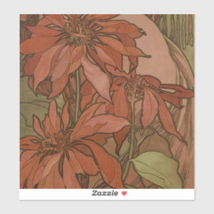 Mucha Art Nouveau Rode Poinsettia Bloempatroon Sticker