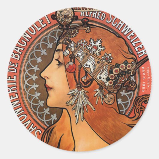 Mucha - Art Nouveau Ronde Sticker (Voorkant)