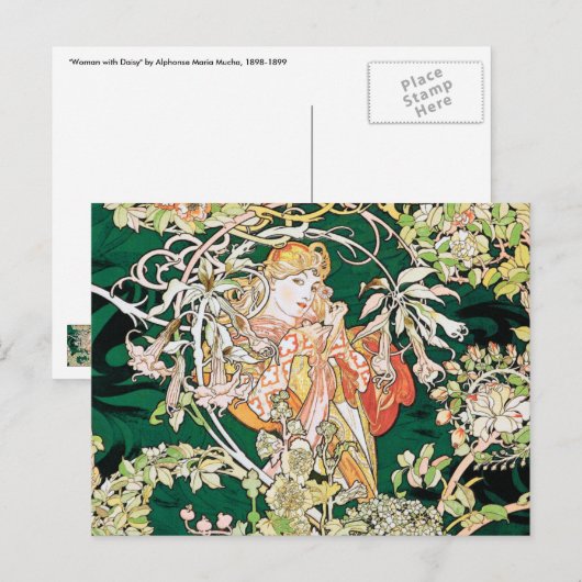 Mucha Art Nouveau: Vrouw met Daisy Briefkaart (Voorkant / Achterkant)