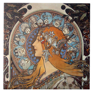 Mucha Art Nouveau Vrouw Vintage Franse Zodiac Post Tegeltje