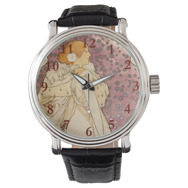 Mucha Art Nouveau Woman Beauty Horloge (Voorkant)