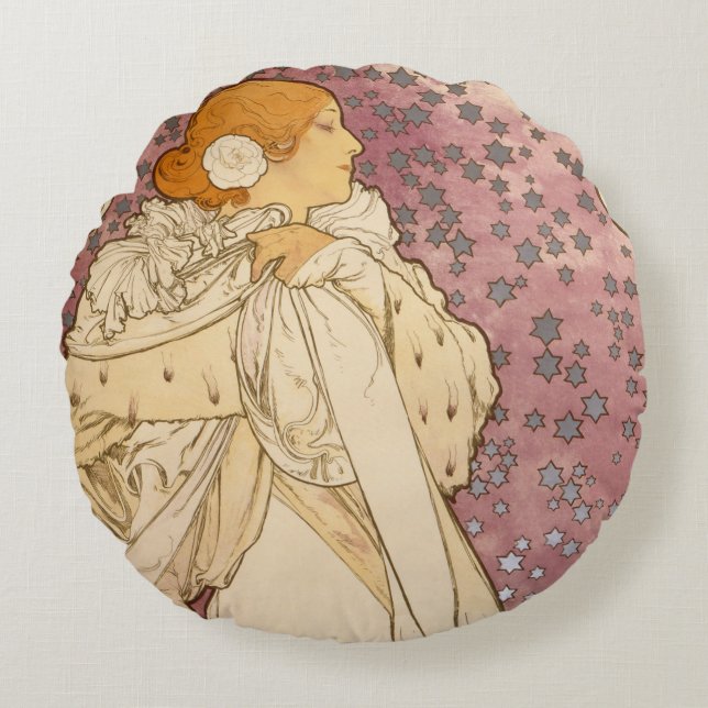 Mucha Art Nouveau Woman Beauty Rond Kussen (Voorkant)
