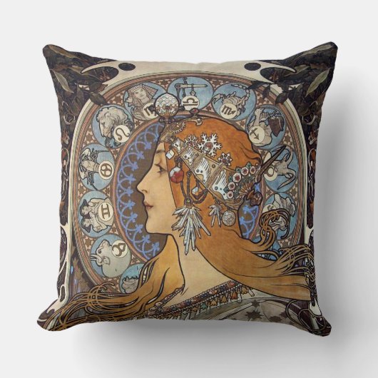 Mucha Art Nouveau Woman  Franse Zodiac Post Kussen (Voorkant)
