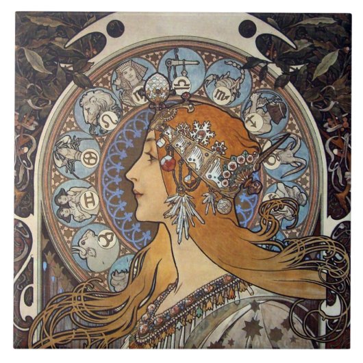 Mucha Art Nouveau Woman Franse Zodiac Post Tegeltje (Voorkant)