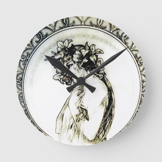Mucha Art Nouveau Woman Lily Clock Ronde Klok (Voorkant)