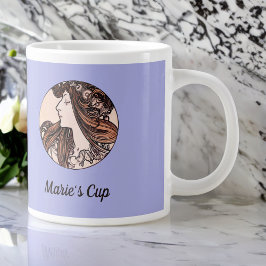Mucha Art Nouveau Woman Pink Flowers op Paars Grote Koffiekop