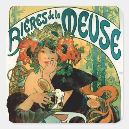 Mucha: Bieres de la Meuse (Bieres van de Muse) Vierkante Sticker (Voorkant)