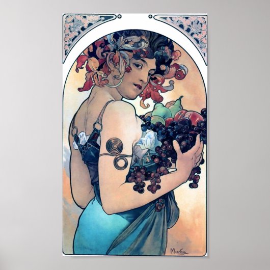 Mucha Grapes Art Deco  Woman Poster (Voorkant)