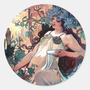 mucha herfst herfst art nouveau poster ronde sticker