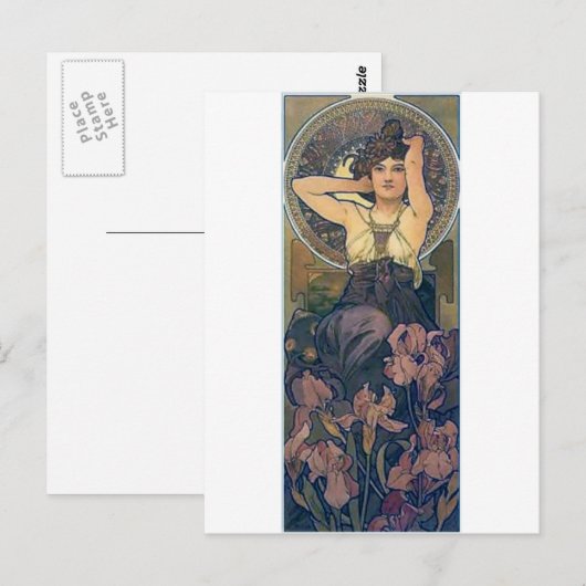 Mucha iris bloemen art deco briefkaart (Voorkant / Achterkant)