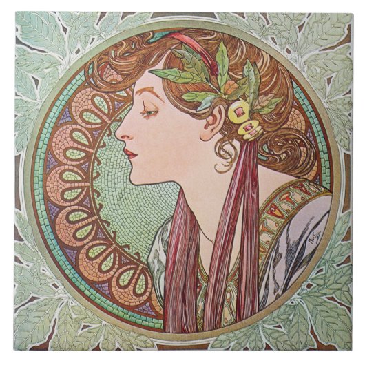 Mucha Laurel Art Nouveau Art Tile Trivet Gift Box Tegeltje (Voorkant)
