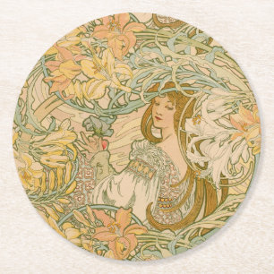 Mucha Lelies Art Nouveau Taal der Bloemen Ronde Kartonnen Onderzetter