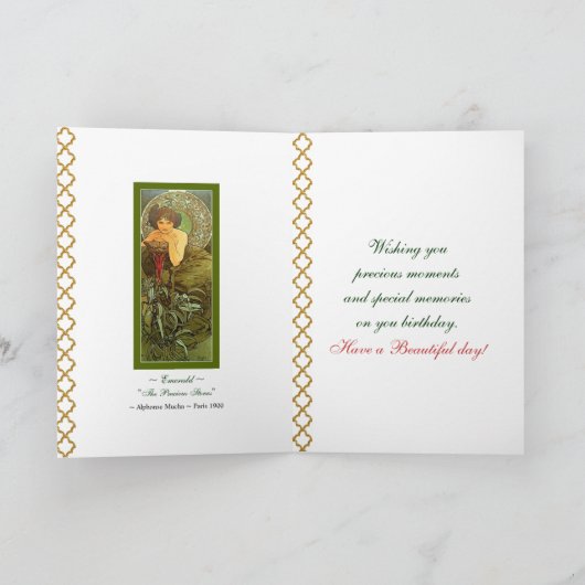 Mucha ~ "Precious Stones - Emerald" May Birthday Kaart (Binnen)