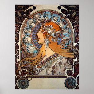 Mucha Retro Art Nouveau Vrouw Vintage Zodiac Pluma Poster