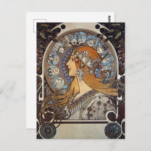 Mucha Retro Art Nouveau Vrouw  Zodiac Pluma Briefkaart (Voorkant / Achterkant)