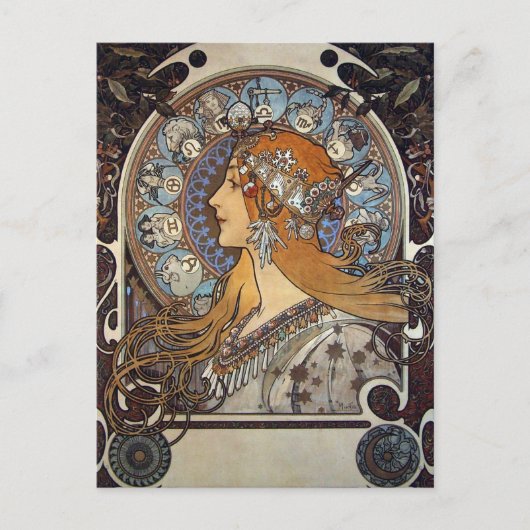 Mucha Retro Art Nouveau Vrouw  Zodiac Pluma Briefkaart (Voorkant)