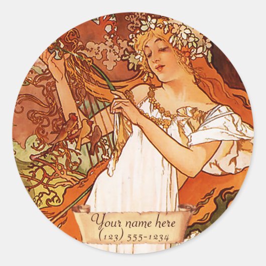 Mucha Spring Art Nouveau Bookplate-Stickers Ronde Sticker (Voorkant)