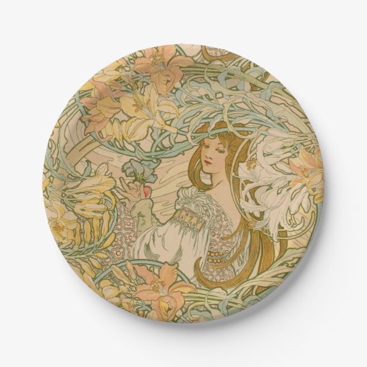 Mucha Taal van Bloemen Lelies Art Nouveau Papieren Bordje (Voorkant)