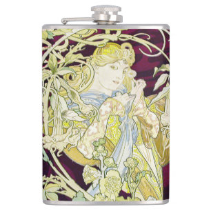 Mucha Vrouw met Daisy,  Art Nouveau Heupfles