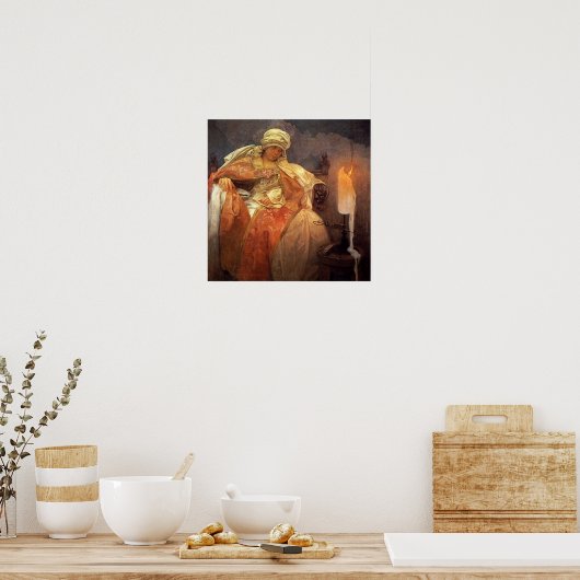 Mucha - Vrouw met een verbluffende kaars Poster (Keuken)