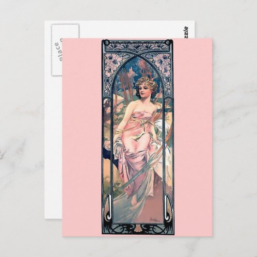 Mucha-vrouw roze romantische jurk-decodame briefkaart (Voorkant / Achterkant)